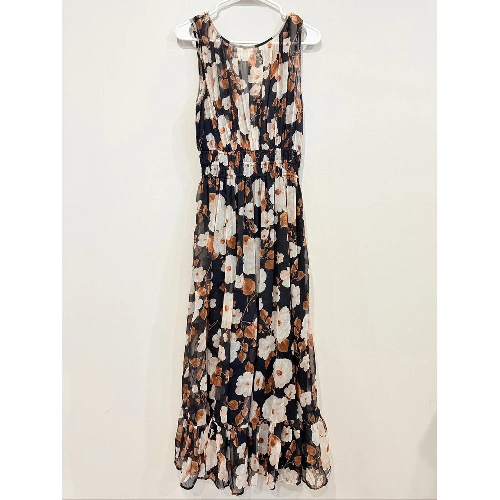 Abercrombie & Fitch Maxi Dress Women Small Tall Black Floral Smocked Sleeveless